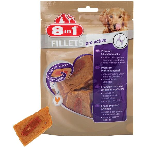 8in1 Fillets Pro Active Hunde-Snack mit Hähnchen, funktionale Leckerlis für Hunde, unterstützt die Mobilität, 80 g Beutel (Packung mit 2)