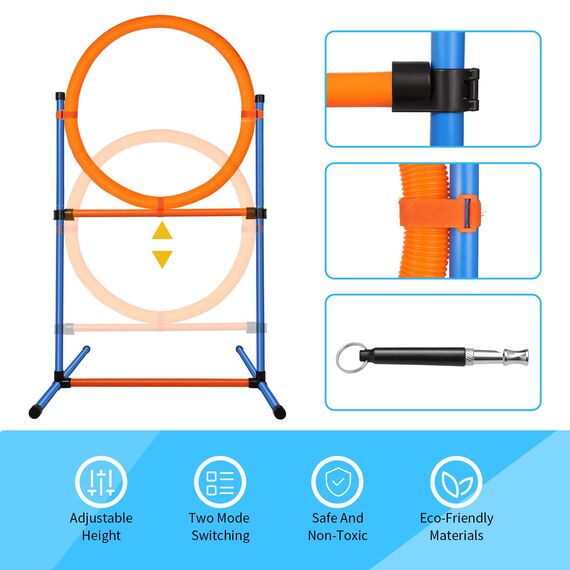 JMMPOO Agility Set Hunde, 65-Teiliges Agility Ausrüstung für Hundetraining Spiele mit Hundetunnel, Hürden, 8 Slalomstangen, Springring, 2 Tennis Ball Spielzeuge, Pause-Box, Leckerlibeutel, Tragetasche
