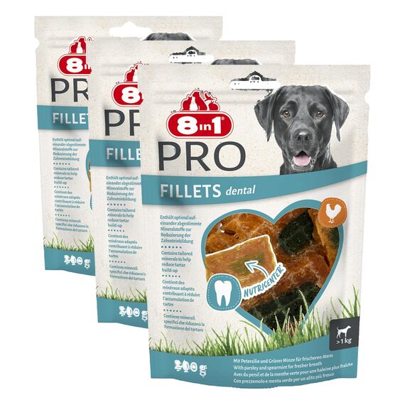 8in1 Pro Fillets Dental - Hunde-Snack mit Hähnchen, funktionale Leckerlis für ausgewachsene Hunde, mit speziellen Mineralstoffen, um Zahnstein zu reduzieren, 200g Beutel (Packung mit 3)
