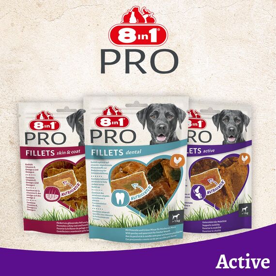 8in1 Pro Fillets Active - Hunde-Snack mit Hähnchen, funktionale Leckerlis für ausgewachsene Hunde, mit Chondroitin und Glucosamin für gesunde Knochen und Gelenke, 200g Beutel