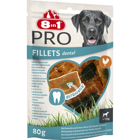 8in1 Fillets Pro Dental Hunde-Snack mit Hähnchen, funktionale Leckerlis für Hunde, unterstützt einen frischen Atem, 80 g Beutel