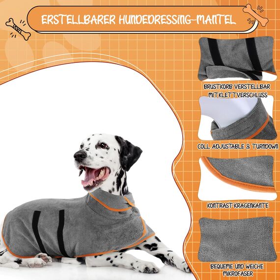 Jostift Mikrofaser Hunde Bademantel Badetuch, Hundebademantel Extra Saugfähig, Schnell Trocknender Hundebademantel, Hundehandtuch mit Verstellbaren Trägern für Große Mittel und Kleine Hunde(Grau, S)