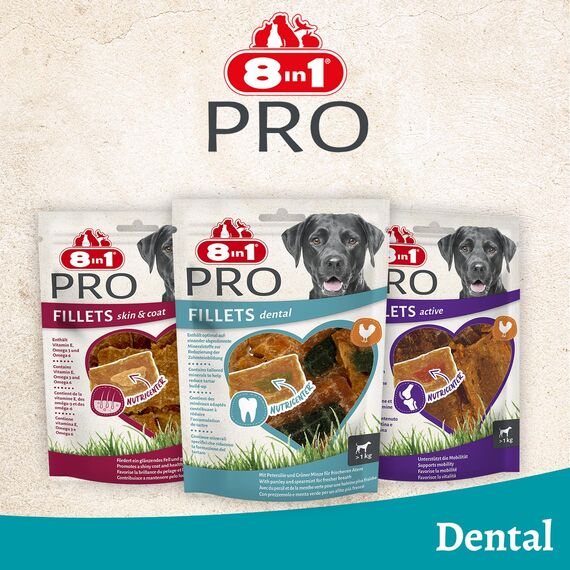 8in1 Fillets Pro Dental Hunde-Snack mit Hähnchen, funktionale Leckerlis für Hunde, unterstützt einen frischen Atem, 80 g Beutel