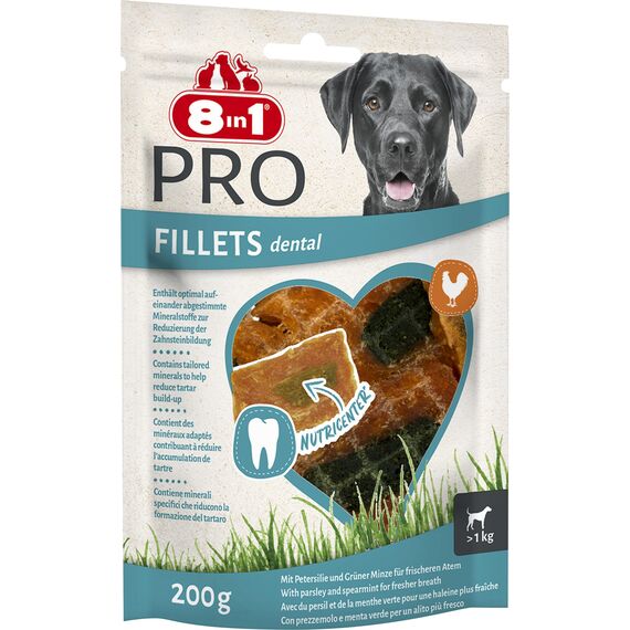 8in1 Pro Fillets Dental - Hunde-Snack mit Hähnchen, funktionale Leckerlis für ausgewachsene Hunde, mit speziellen Mineralstoffen, um Zahnstein zu reduzieren, 200g Beutel