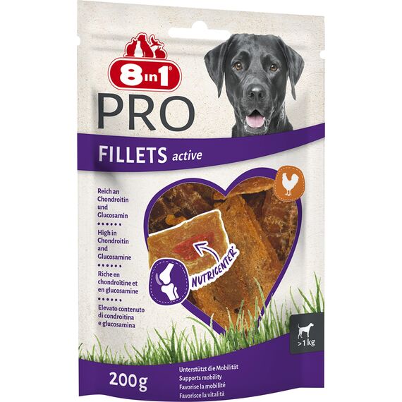 8in1 Pro Fillets Active - Hunde-Snack mit Hähnchen, funktionale Leckerlis für ausgewachsene Hunde, mit Chondroitin und Glucosamin für gesunde Knochen und Gelenke, 200g Beutel