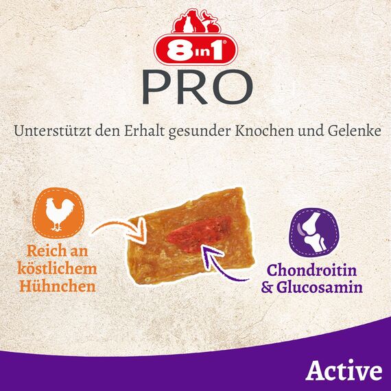 8in1 Pro Fillets Active - Hunde-Snack mit Hähnchen, funktionale Leckerlis für ausgewachsene Hunde, mit Chondroitin und Glucosamin für gesunde Knochen und Gelenke, 200g Beutel