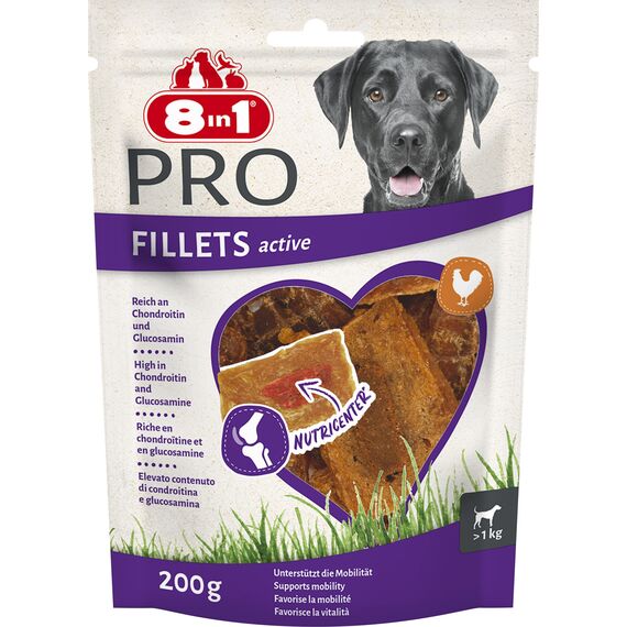 8in1 Pro Fillets Active - Hunde-Snack mit Hähnchen, funktionale Leckerlis für ausgewachsene Hunde, mit Chondroitin und Glucosamin für gesunde Knochen und Gelenke, 200g Beutel
