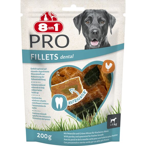 8in1 Pro Fillets Dental - Hunde-Snack mit Hähnchen, funktionale Leckerlis für ausgewachsene Hunde, mit speziellen Mineralstoffen, um Zahnstein zu reduzieren, 200g Beutel