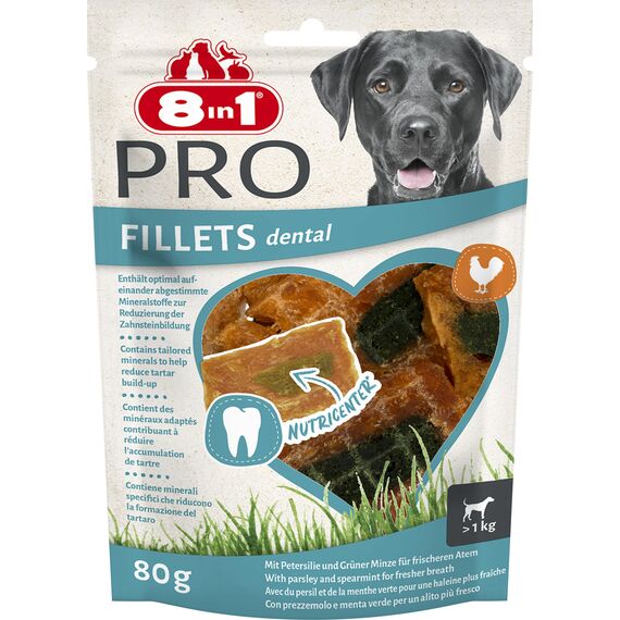 8in1 Fillets Pro Dental Hunde-Snack mit Hähnchen, funktionale Leckerlis für Hunde, unterstützt einen frischen Atem, 80 g Beutel