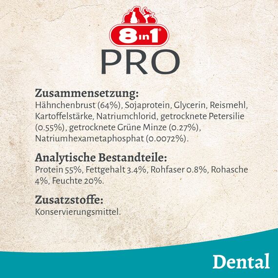 8in1 Pro Fillets Dental - Hunde-Snack mit Hähnchen, funktionale Leckerlis für ausgewachsene Hunde, mit speziellen Mineralstoffen, um Zahnstein zu reduzieren, 200g Beutel