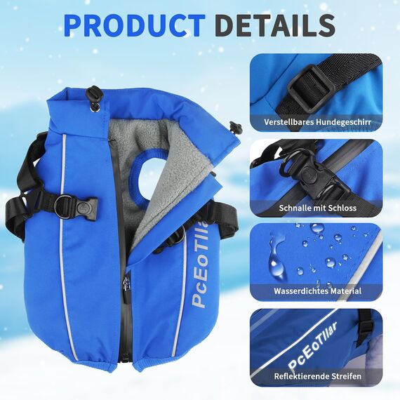 PcEoTllar Wasserdichter Hundemantel für kleine Hunde, warme reflektierende Jacke mit Geschirr für den Winter, Ski-Kostüm, Baumwolle, Hundepullover