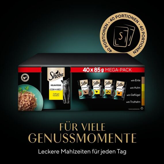 Sheba Delikatesse in Gelee, Katzen Nassfutter mit feiner Geflügelauswahl, 40 x 85g