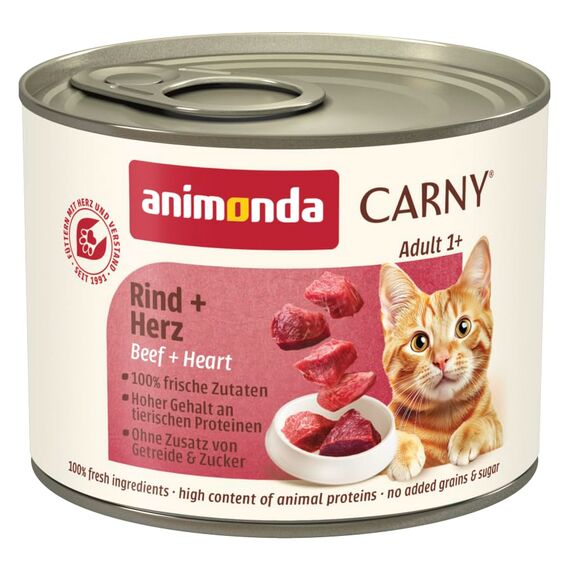 animonda Carny Katzen Nassfutter Rind + Herz (6 x 200g), getreidefreies Katzen Nassfutter ohne Zucker, mit frischen fleischigen Zutaten
