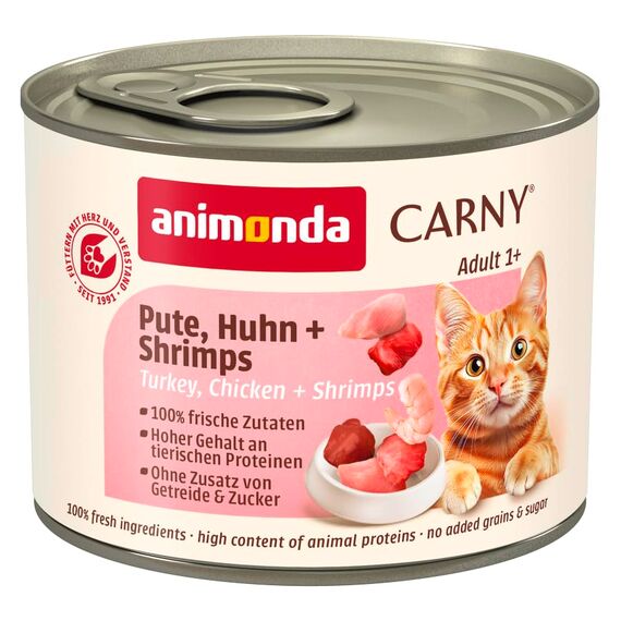 animonda Carny Katzen Nassfutter Pute + Huhn + Shrimps (6 x 200g), getreidefreies Katzen Nassfutter ohne Zucker, mit frischen fleischigen Zutaten