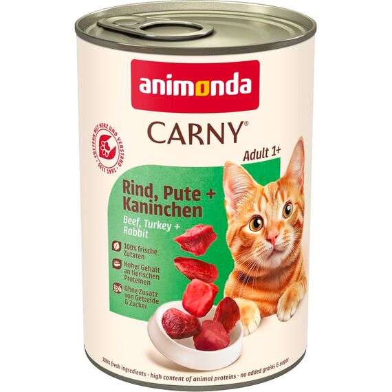animonda Carny Katzen Nassfutter Rind + Pute + Kaninchen (6 x 400g), getreidefreies Katzen Nassfutter ohne Zucker, mit frischen fleischigen Zutaten