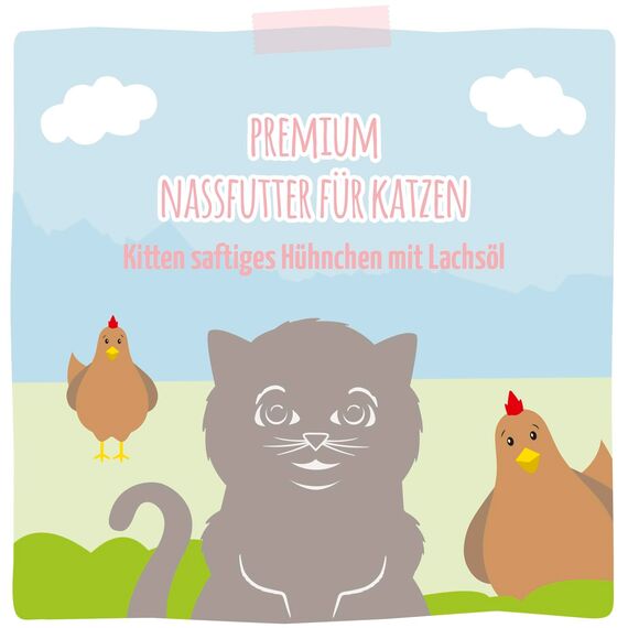 MjAMjAM - Premium Nassfutter für Katzen - Kitten saftiges Hühnchen mit Lachsöl, 6er Pack (6 x 400 g), getreidefrei mit extra viel Fleisch