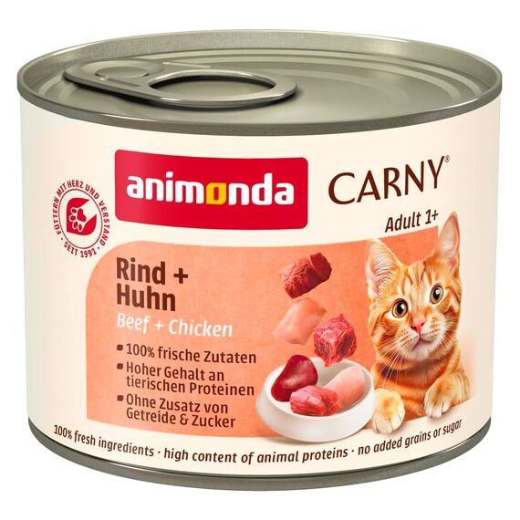 animonda Carny Katzen Nassfutter Rind + Huhn (6 x 200g), getreidefreies Katzen Nassfutter ohne Zucker, mit frischen fleischigen Zutaten