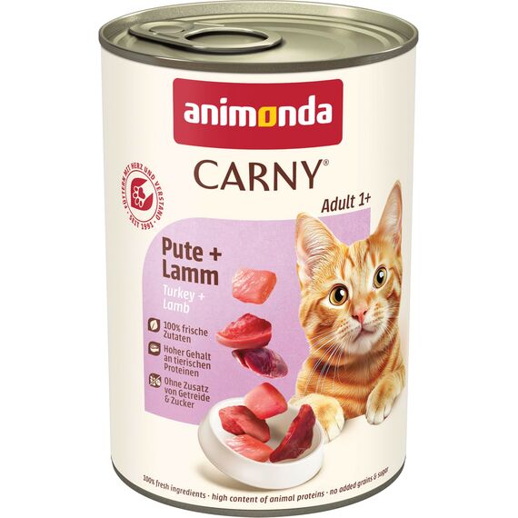 animonda Carny Katzen Nassfutter Pute + Lamm (6 x 400g), getreidefreies Katzen Nassfutter ohne Zucker, mit frischen fleischigen Zutaten