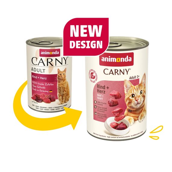 animonda Carny Katzen Nassfutter Rind + Herz (6 x 400g), getreidefreies Katzen Nassfutter ohne Zucker, mit frischen fleischigen Zutaten