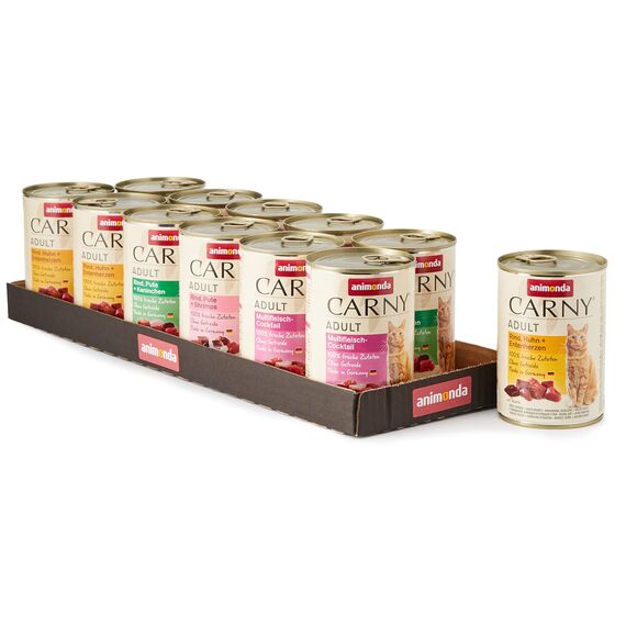 animonda Carny Katzen Nassfutter, Sorten Mix "Kräftige Variation" (12 x 400g), getreidefreies Katzennassfutter ohne Zucker für ausgewachsene Katzen mit frischen fleischigen Zutaten