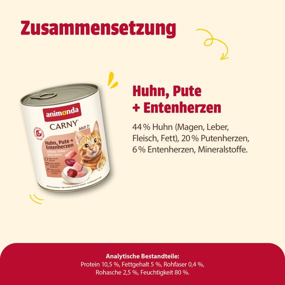 animonda Carny Katzen Nassfutter Huhn + Pute + Entenherzen (6 x 800g), getreidefreies Katzen Nassfutter ohne Zucker, mit frischen fleischigen Zutaten