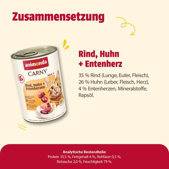 animonda Carny Katzen Nassfutter Rind + Huhn + Entenherzen (6 x 400g), getreidefreies Katzen Nassfutter ohne Zucker, mit frischen fleischigen Zutaten