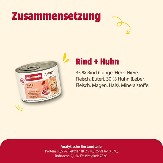 animonda Carny Katzen Nassfutter Rind + Huhn (6 x 200g), getreidefreies Katzen Nassfutter ohne Zucker, mit frischen fleischigen Zutaten