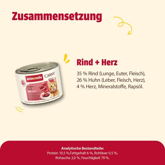 animonda Carny Katzen Nassfutter Rind + Herz (6 x 200g), getreidefreies Katzen Nassfutter ohne Zucker, mit frischen fleischigen Zutaten