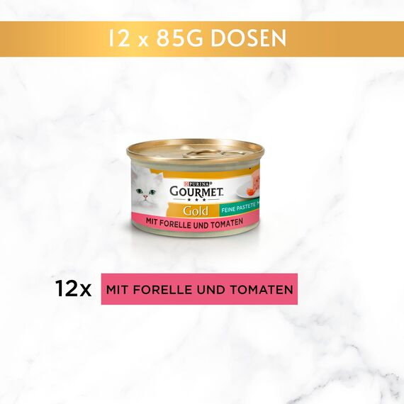 Gourmet Gold Feine Pastete mit Gemüse Katzenfutter nass, mit Forelle und Tomaten, 12er Pack (12 x 85g)