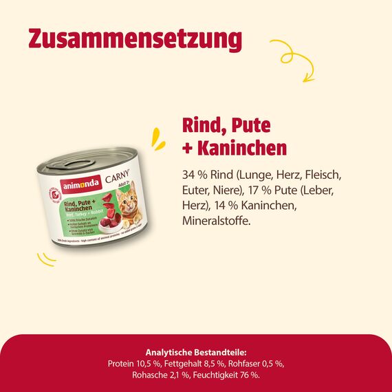 animonda Carny Katzen Nassfutter Rind + Pute + Kaninchen (6 x 200g), getreidefreies Katzen Nassfutter ohne Zucker, mit frischen fleischigen Zutaten