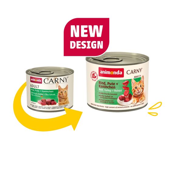 animonda Carny Katzen Nassfutter Rind + Pute + Kaninchen (6 x 200g), getreidefreies Katzen Nassfutter ohne Zucker, mit frischen fleischigen Zutaten
