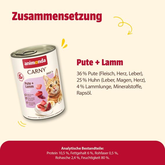 animonda Carny Katzen Nassfutter Pute + Lamm (6 x 400g), getreidefreies Katzen Nassfutter ohne Zucker, mit frischen fleischigen Zutaten