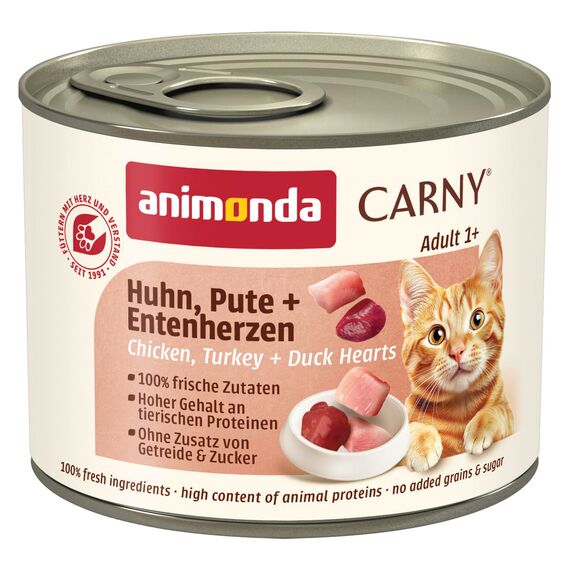 animonda Carny Katzen Nassfutter Huhn + Pute + Entenherzen (6 x 200g), getreidefreies Katzen Nassfutter ohne Zucker, mit frischen fleischigen Zutaten