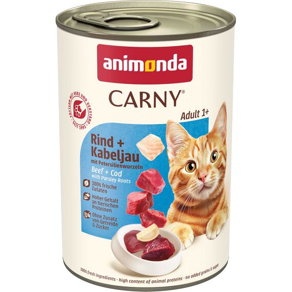 animonda Carny Katzen Nassfutter Rind + Kabeljau mit Petersilienwurzeln (6 x 400g), getreidefreies Katzen Nassfutter ohne Zucker, mit frischen fleischigen Zutaten