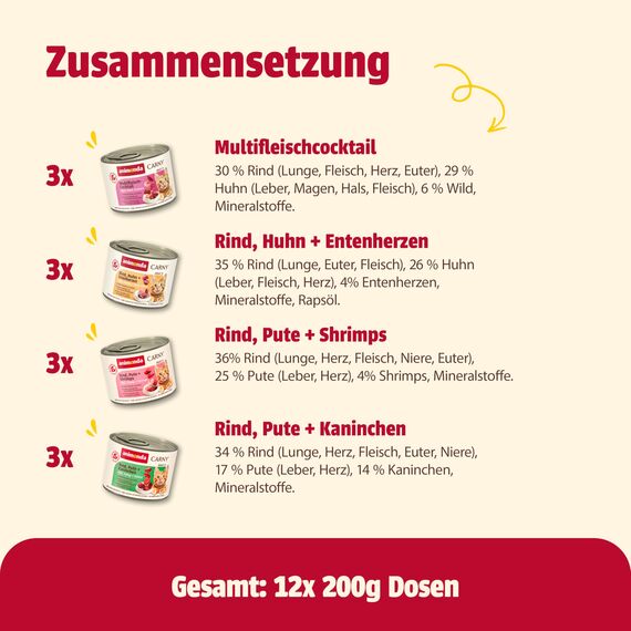 animonda Carny Adult Kräftige Variation (12 x 200 g), Katzennassfutter für ausgewachsene Katzen, Nassfutter mit 100 % frischen, fleischlichen Zutaten, Katzenfutter ohne Getreide und Zucker