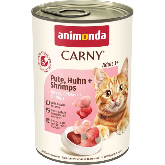 animonda Carny Katzen Nassfutter Pute + Huhn + Shrimps (6 x 400g), getreidefreies Katzen Nassfutter ohne Zucker, mit frischen fleischigen Zutaten