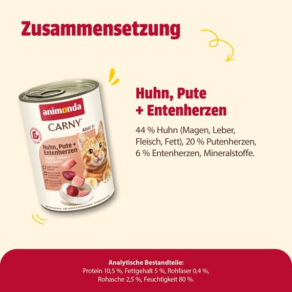 animonda Carny Katzen Nassfutter Huhn + Pute + Entenherzen (6 x 400g), getreidefreies Katzen Nassfutter ohne Zucker, mit frischen fleischigen Zutaten