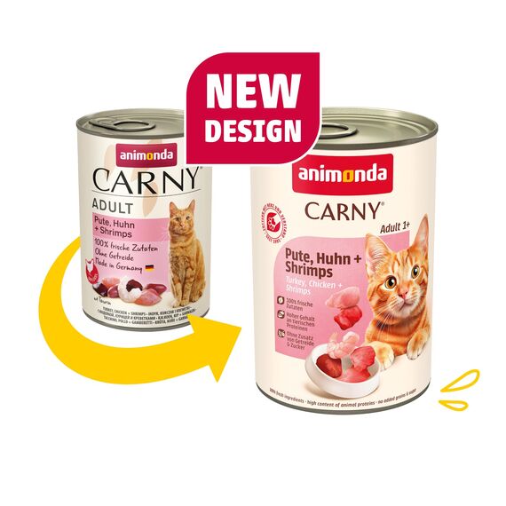 animonda Carny Katzen Nassfutter Pute + Huhn + Shrimps (6 x 400g), getreidefreies Katzen Nassfutter ohne Zucker, mit frischen fleischigen Zutaten