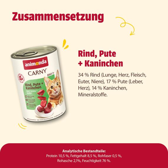 animonda Carny Katzen Nassfutter Rind + Pute + Kaninchen (6 x 400g), getreidefreies Katzen Nassfutter ohne Zucker, mit frischen fleischigen Zutaten