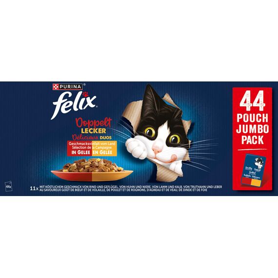 Felix So gut wie es aussieht Doppelt Lecker, Katzenfutter nass in Gelee, Geschmacksvielfalt vom Land, 44er Pack (44 x 85g)
