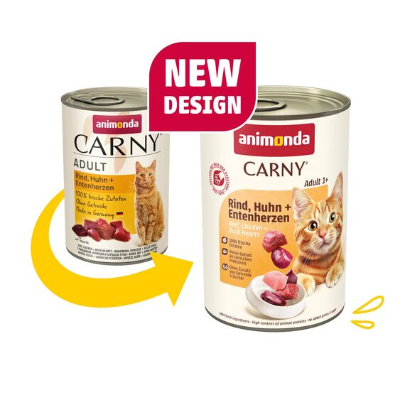 animonda Carny Katzen Nassfutter Rind + Huhn + Entenherzen (6 x 400g), getreidefreies Katzen Nassfutter ohne Zucker, mit frischen fleischigen Zutaten