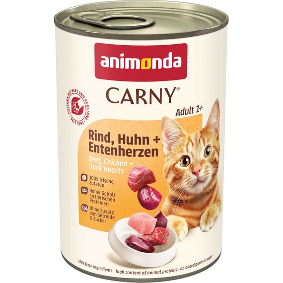 animonda Carny Katzen Nassfutter Rind + Huhn + Entenherzen (6 x 400g), getreidefreies Katzen Nassfutter ohne Zucker, mit frischen fleischigen Zutaten
