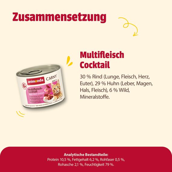 animonda Carny Katzen Nassfutter Multifleischcocktail (6 x 200g), getreidefreies Katzen Nassfutter ohne Zucker, mit frischen fleischigen Zutaten