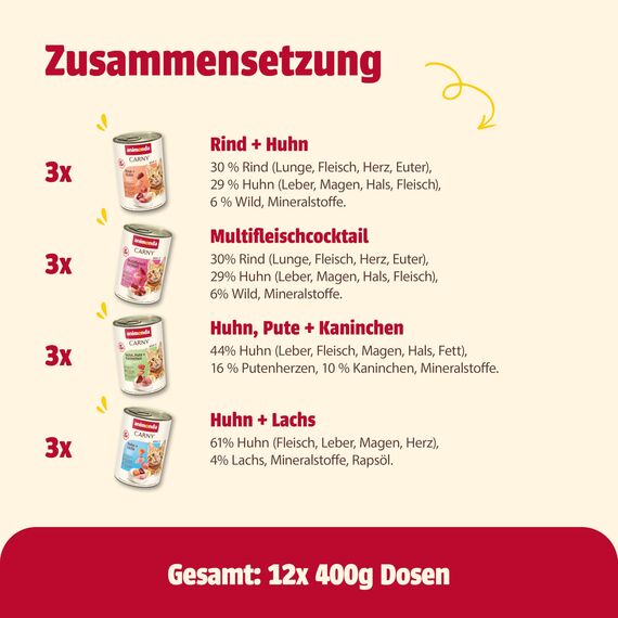 animonda Carny Adult Gourmet Selection, Mixpack (12x400g), Katzennassfutter für ausgewachsene Katzen, Nassfutter mit 100% frischen, fleischlichen Zutaten, Katzenfutter ohne Getreide und Zucker