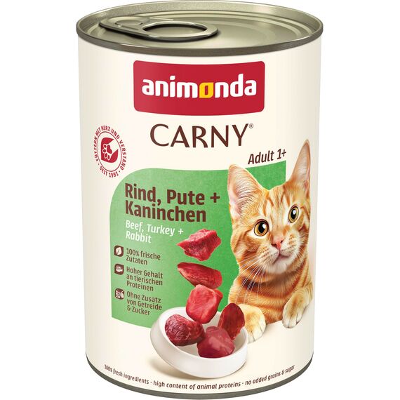 animonda Carny Katzen Nassfutter Rind + Pute + Kaninchen (6 x 400g), getreidefreies Katzen Nassfutter ohne Zucker, mit frischen fleischigen Zutaten