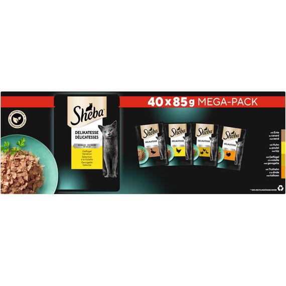 Sheba Delikatesse in Gelee, Katzen Nassfutter mit feiner Geflügelauswahl, 40 x 85g