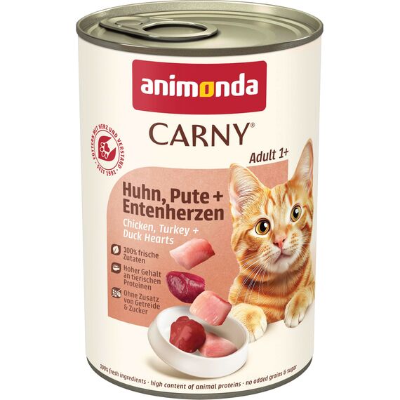 animonda Carny Katzen Nassfutter Huhn + Pute + Entenherzen (6 x 400g), getreidefreies Katzen Nassfutter ohne Zucker, mit frischen fleischigen Zutaten