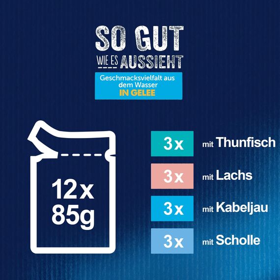 Felix So gut wie es aussieht, Katzenfutter nass in Gelee, Geschmacksvielfalt aus dem Wasser, 44er Pack (44 x 85g)