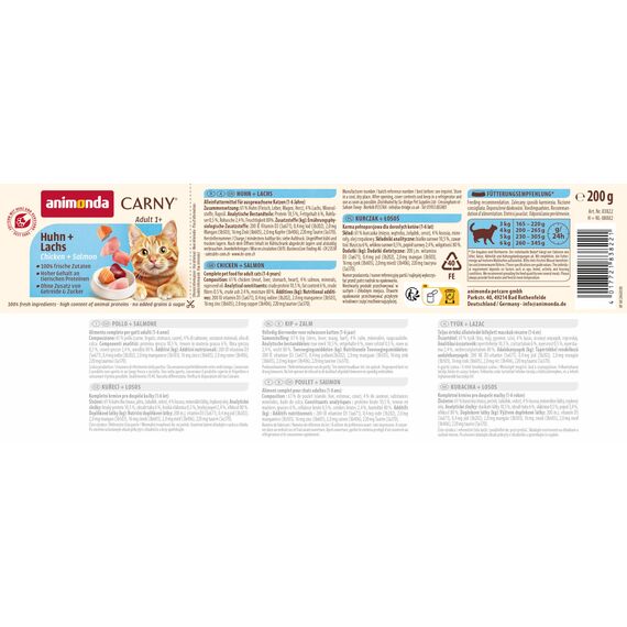 animonda Carny Katzen Nassfutter Huhn + Lachs (6 x 200g), getreidefreies Katzen Nassfutter ohne Zucker, mit frischen fleischigen Zutaten
