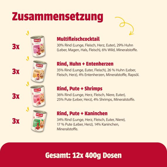 animonda Carny Katzen Nassfutter, Sorten Mix "Kräftige Variation" (12 x 400g), getreidefreies Katzennassfutter ohne Zucker für ausgewachsene Katzen mit frischen fleischigen Zutaten